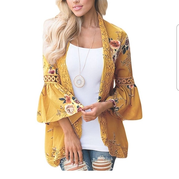 Mustard Floral Kimono Lace Inset - Picture 3 of 5